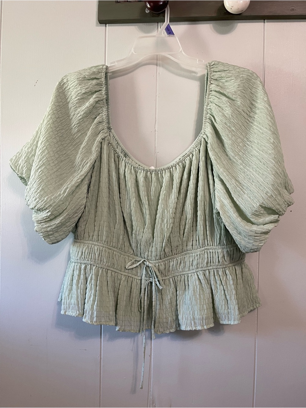 Arula Sage Green Peplum Puff Sleeve Smocked Tie Top Feminine Coquette Boho XXL